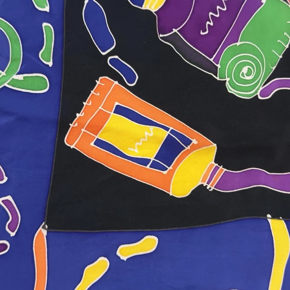Vtg 80s Artist Tubes Brushes Silk Scarf Hand Rolled Hem Bold Pop Art Colors 34